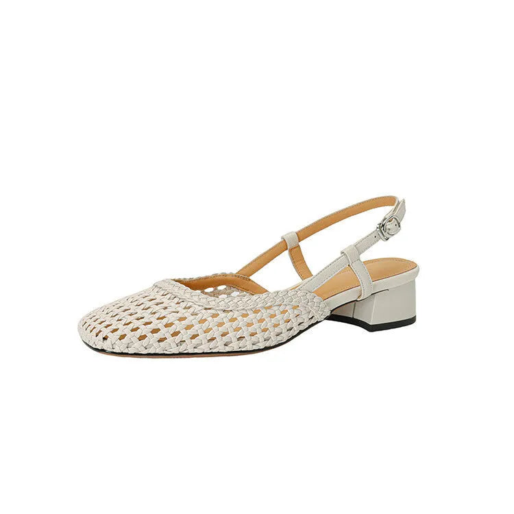 Women's beige woven sandals with square toe, chunky block heel, and adjustable ankle buckle strap.