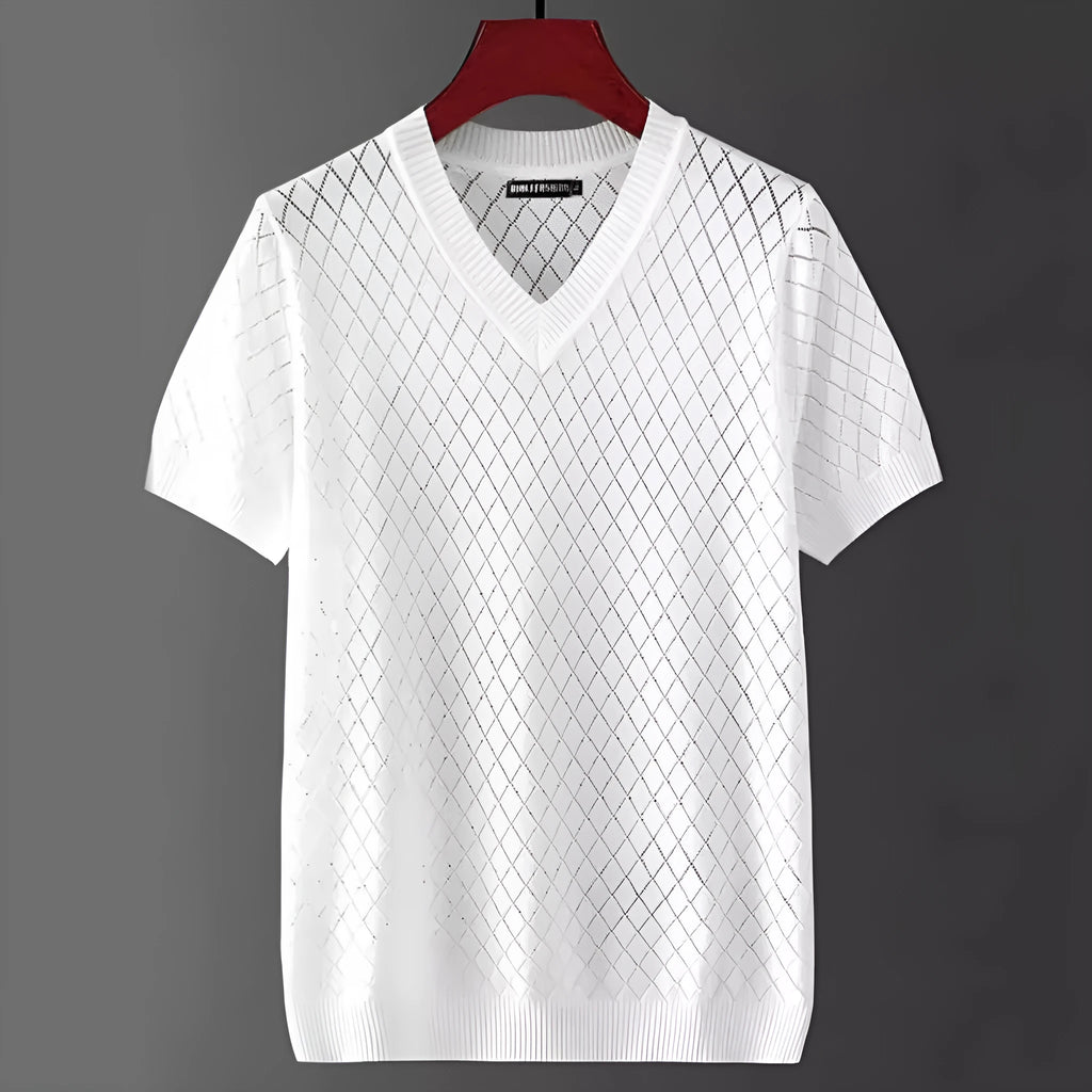 Men's ice silk summer T-shirt in black and white, available in V-neck and round neck styles.