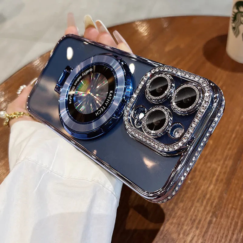 Silicone magnetic bracket rhinestone frame phone case for iPhone, transparent back, electroplated finish