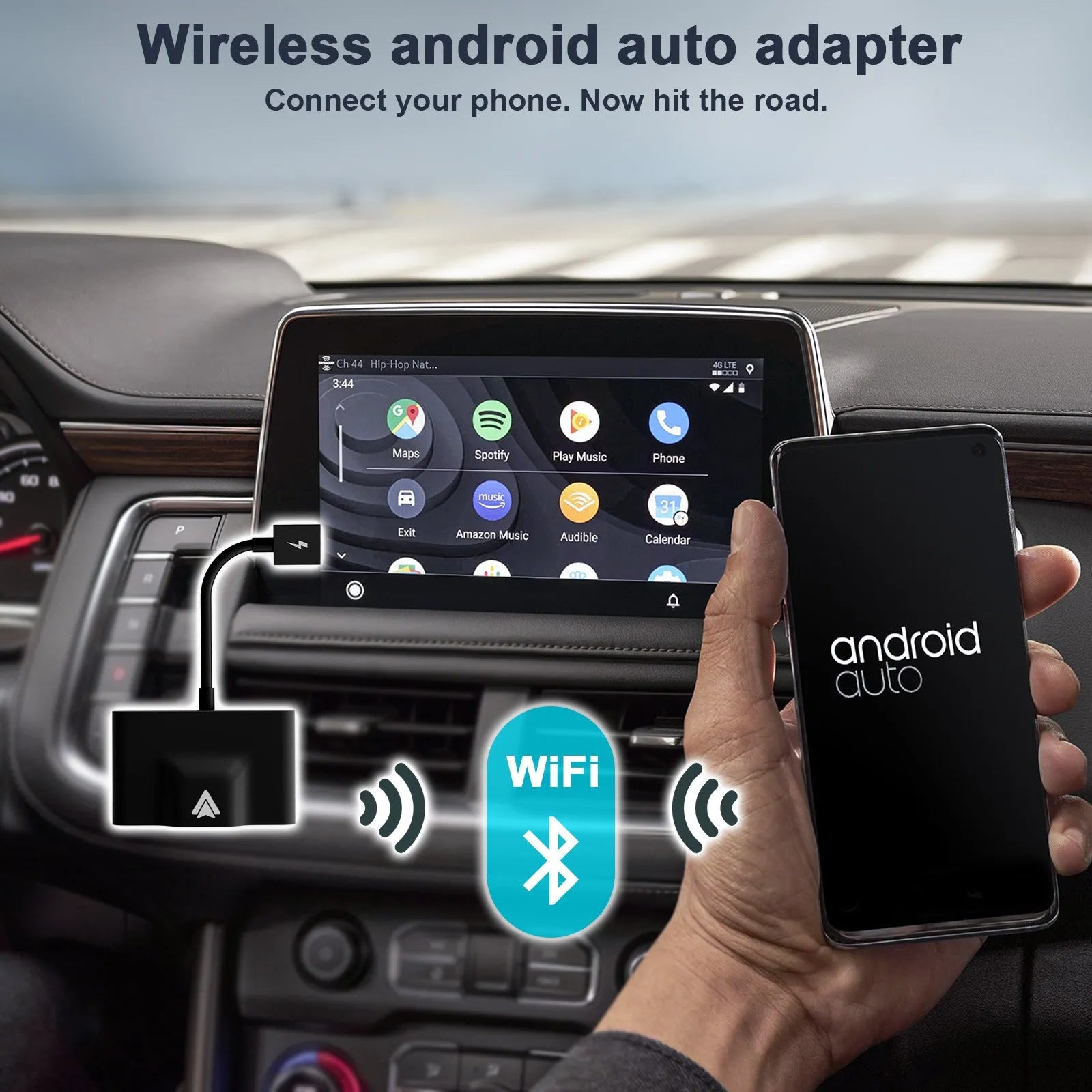 CarPlay wired to wireless adapter for Android phones, showing compact design.