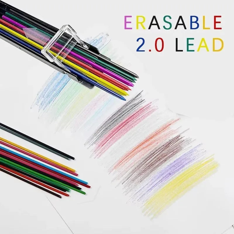 Box containing 12 coloured mechanical pencil lead refills for drawing, including black, blue, green, orange, purple, red, white, and yellow.