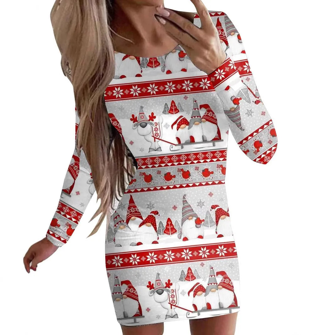 Women's Christmas dress with animal print pattern and long sleeves in floral colour option
