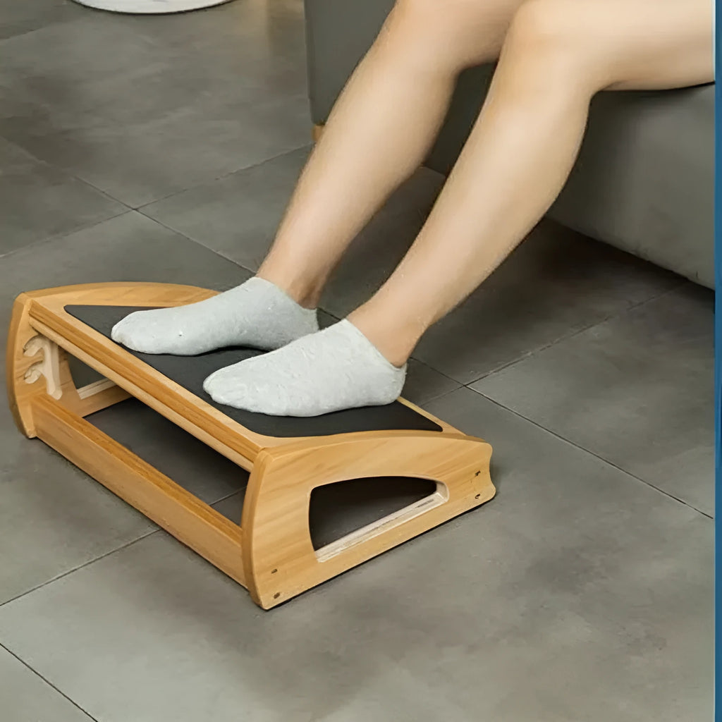 Wooden adjustable bamboo office desk footstool in natural wood colour with modern design