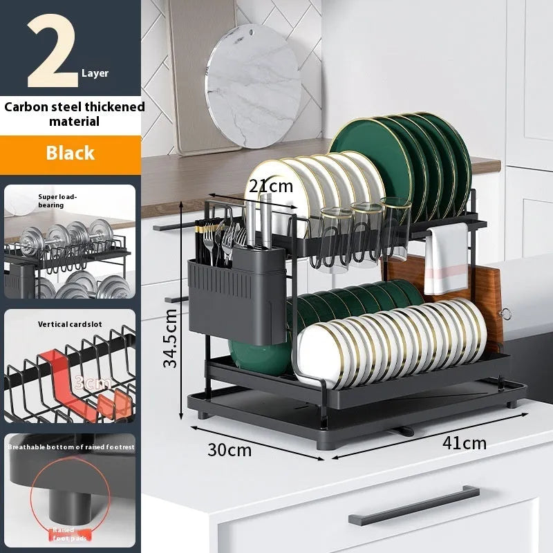 White and black double-layer kitchen storage rack with removable shelves made from carbon steel.