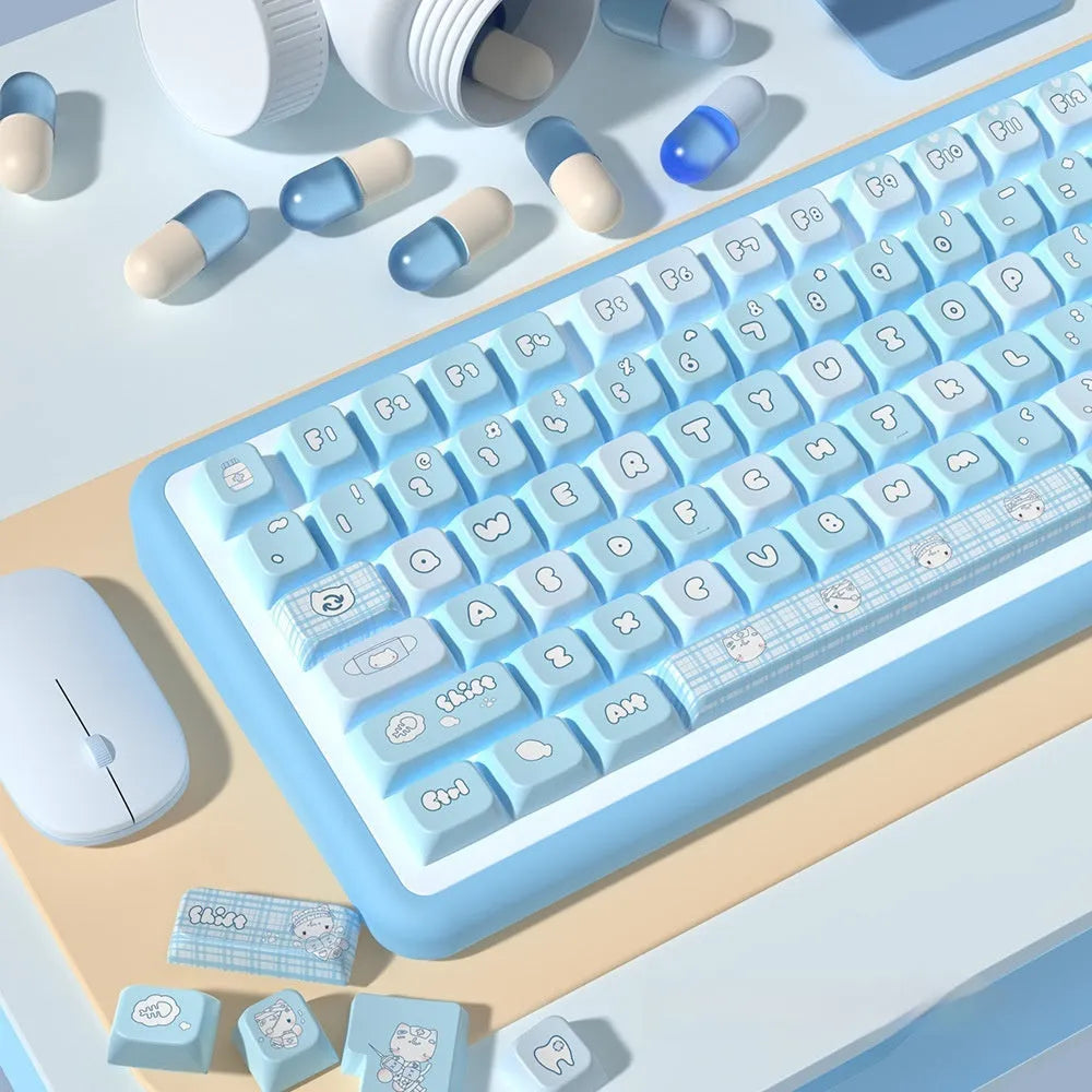 Watercolour kitten design custom PTB keycap set for mechanical keyboards, showing 138-key and 158-key options.