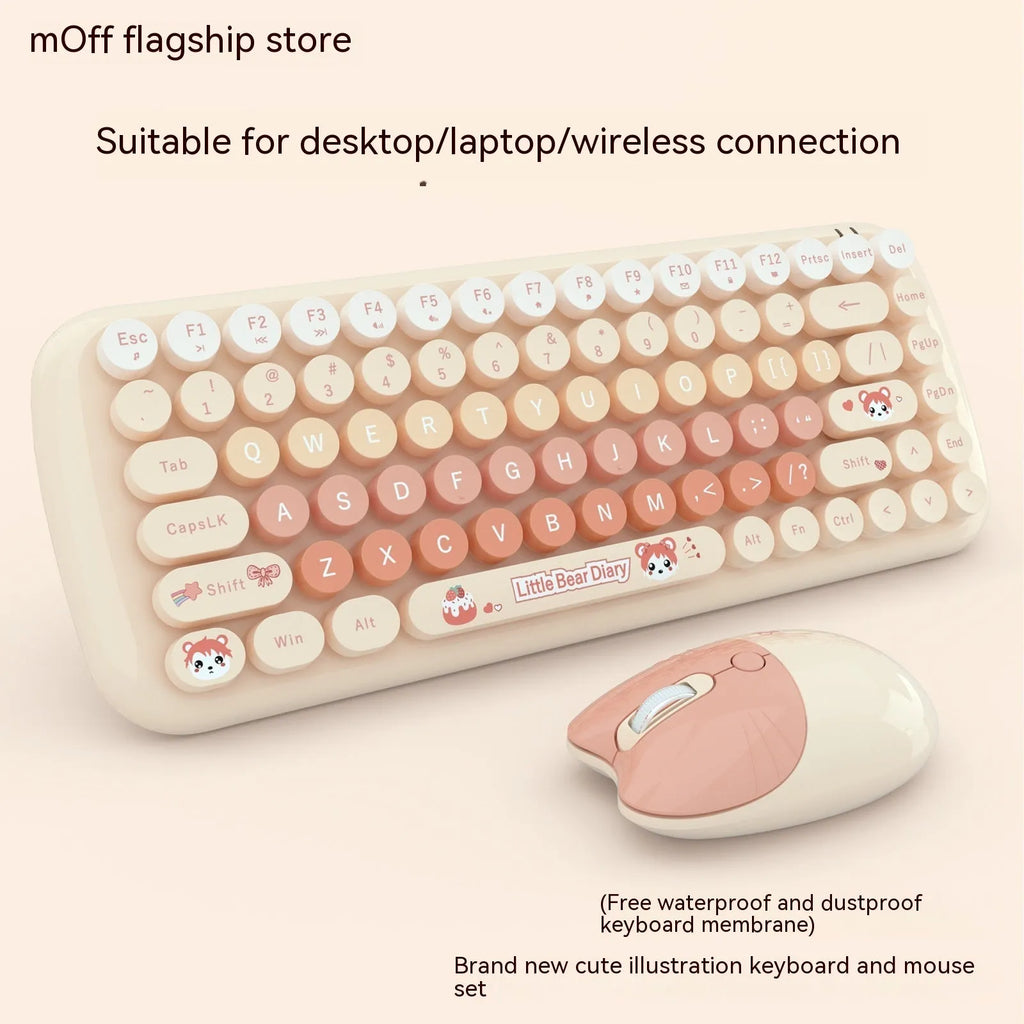 Pink mini wireless keyboard and mouse set with cartoon design on 43.5 cm compact keyboard