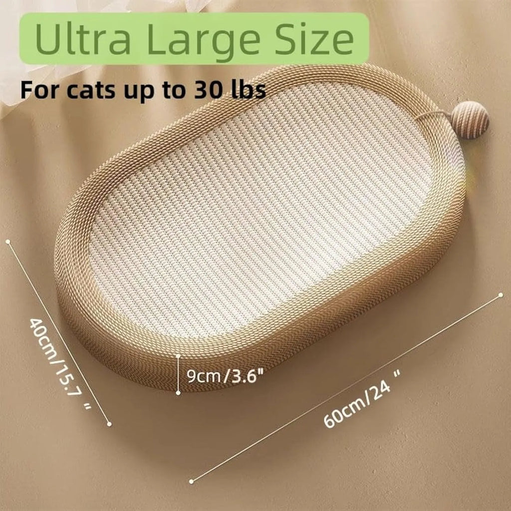 Large natural sisal fibre cat scratching board with a flat lounging bed on top.