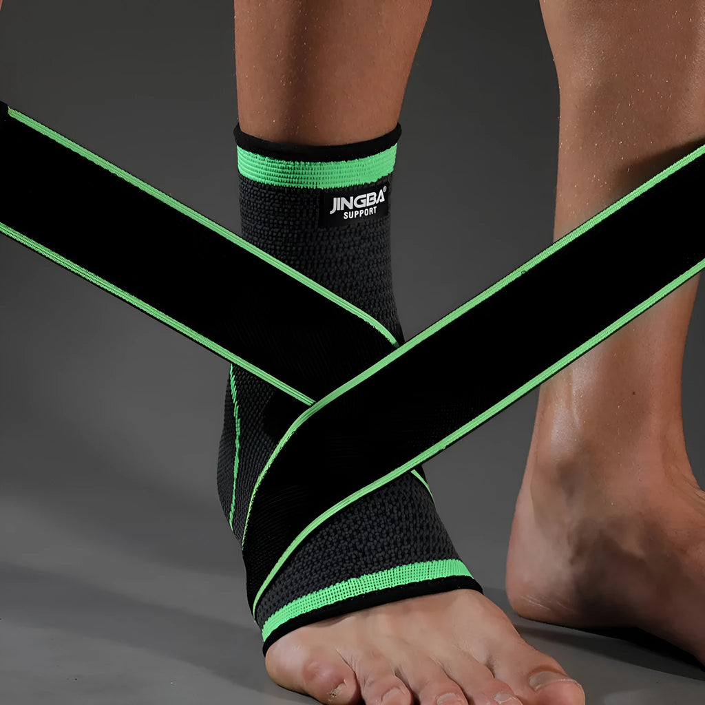 Sports ankle support in black, green or orange with adjustable compression strap