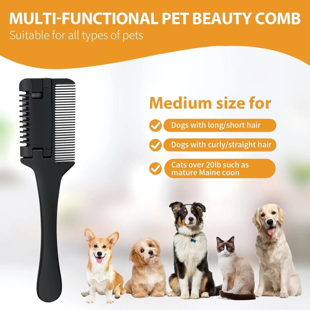 Pet razor comb for dogs and cats with detangling teeth and cutting blades, includes ten spare blades.