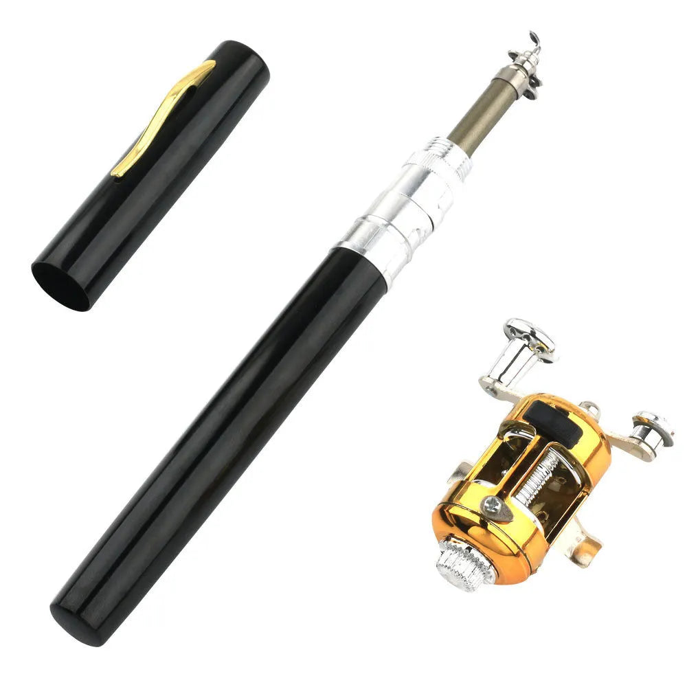 Gold telescopic pen fishing rod kit extended to 1m with plastic reel, collapsed into aluminium case.