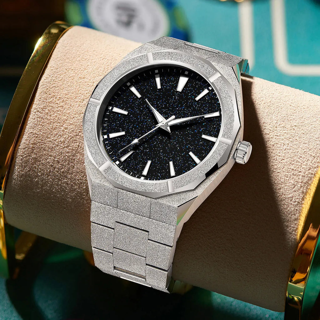 Men's stainless steel business watch with frosted case and luminous hands in black, gold or silver options