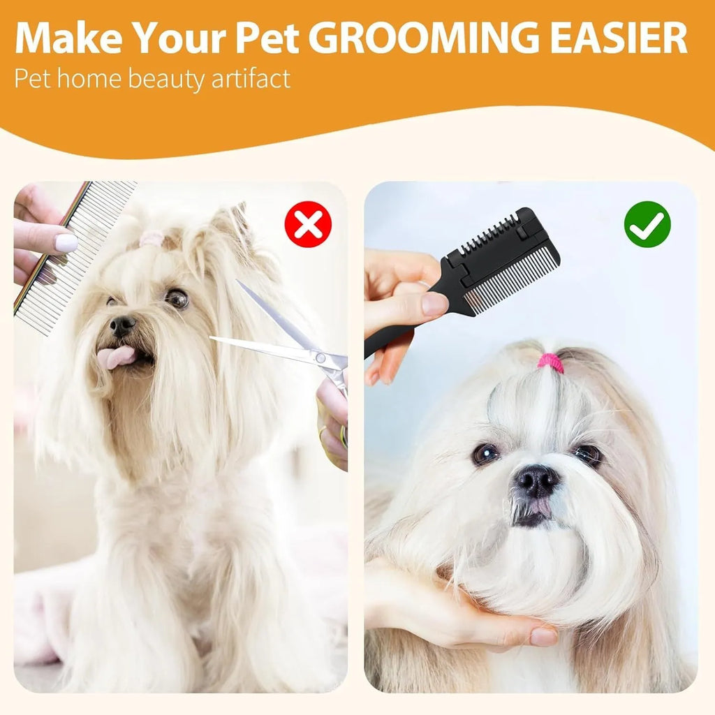 Pet razor comb for dogs and cats with detangling teeth and cutting blades, includes ten spare blades.