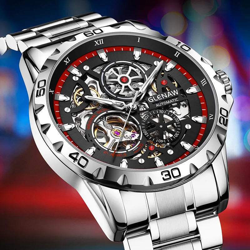 Men's silver mechanical watch with hollow-out dial showing movement and stainless steel strap