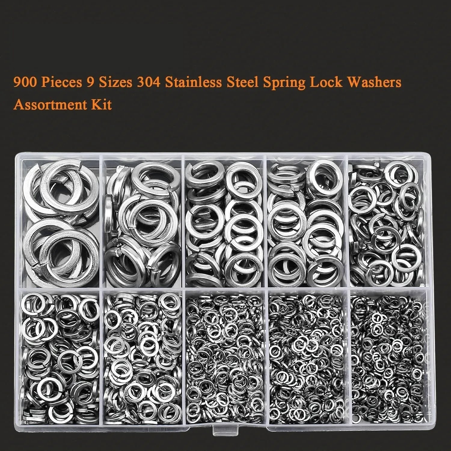 304 stainless steel spring lock washer assortment with 900 pieces in metric sizes 2mm to 12mm