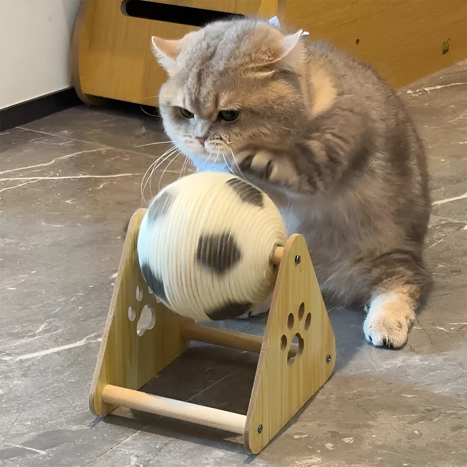 Vertical wooden cat scratch board with solid wood base and sisal rope winding, football style colour