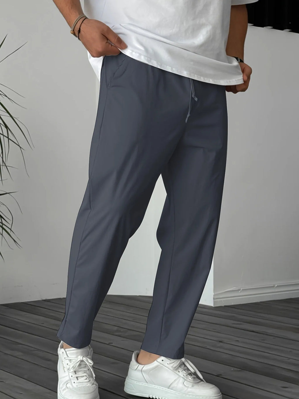 Men's pure color ribbon pocket casual drawstring trousers in straight leg style, fabric blend of bamboo fiber and rabbit fur, available in khaki, black, dark gray, olive green