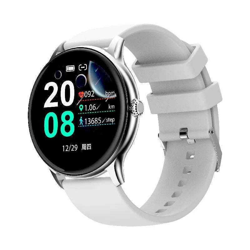 1.28-inch blood pressure health smart watch with heart rate monitor, black face, glass screen, side button