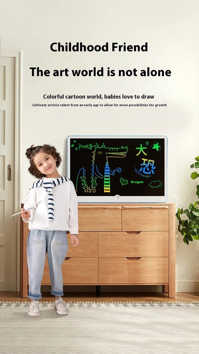 19-inch blue and white rechargeable LCD children's drawing board with stylus on a table
