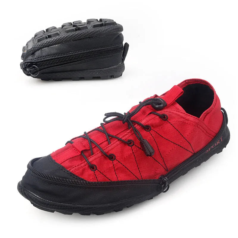 Portable folding outdoor hiking shoes with side zipper in orange, black, or grey colours