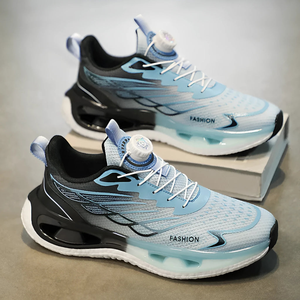 Youth low-top sneaker with shock absorption and rotating button in black, light blue, or white and blue colours