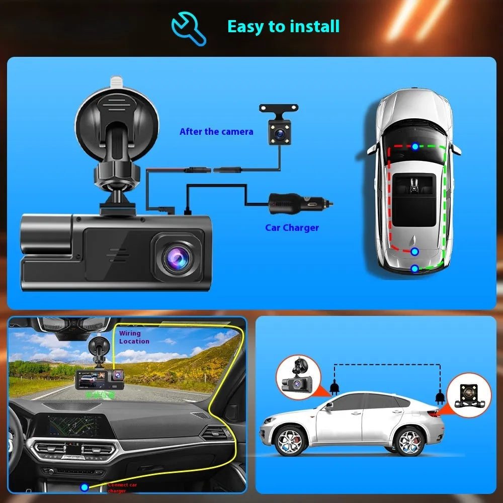 WiFi-enabled car dash cam with 2-inch screen for front and rear vehicle recording and parking aid display
