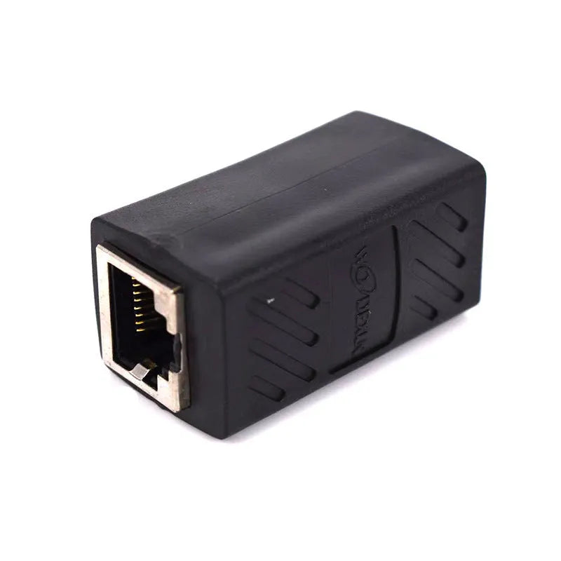 Black RJ45 female-to-female network cable extender coupler with a rotary union.