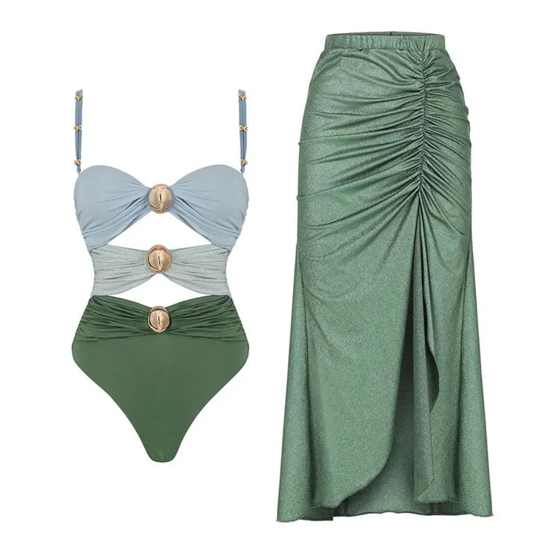 Women's high waist bikini swimsuit set with skirt cover-up in yellow split or green colour