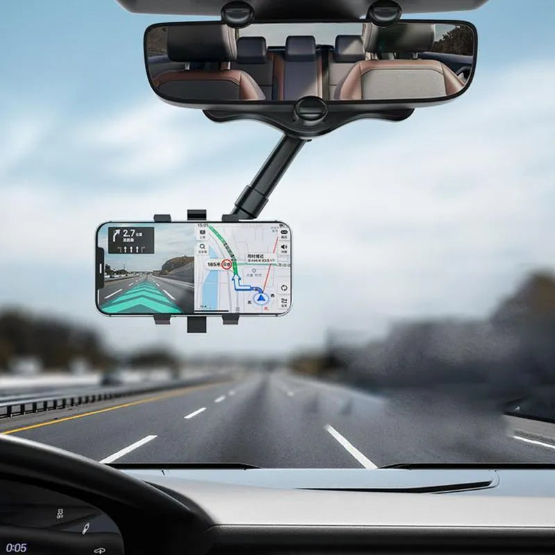 Black rearview mirror car phone holder showing 360-degree rotation and retractable arm extended.