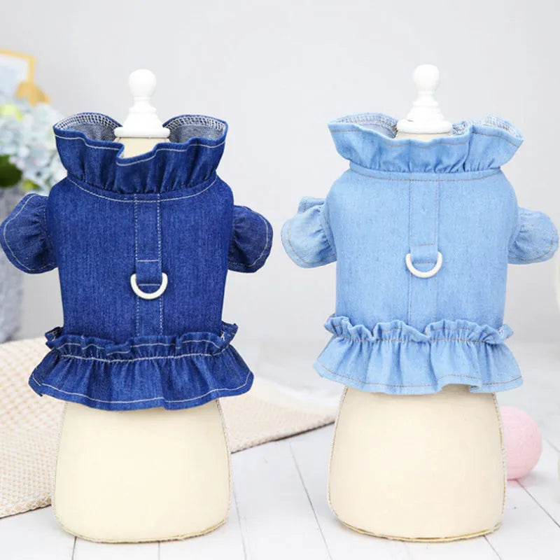 Blue denim dog dress with ruffles vest design and leash hook attachments