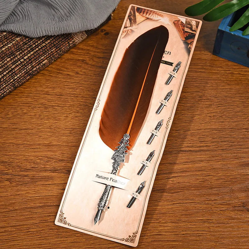 Vintage feather pen with zinc alloy shell in ten colour options showing retro design