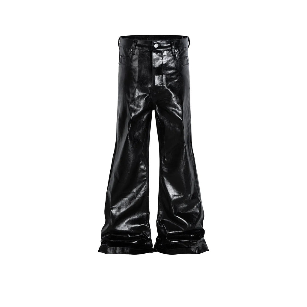 Black shiny patent leather skinny jeans for women in a straight-leg style.