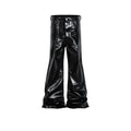 Black shiny patent leather skinny jeans for women in a straight-leg style.
