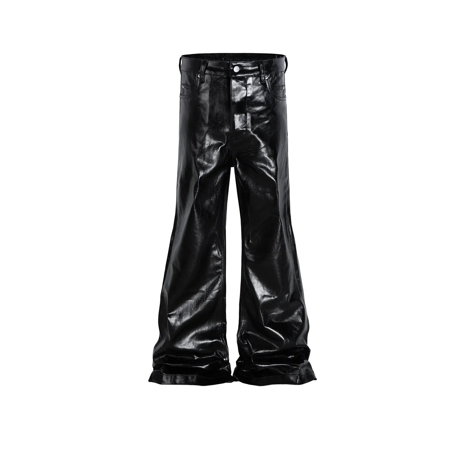 Black shiny patent leather skinny jeans for women in a straight-leg style.