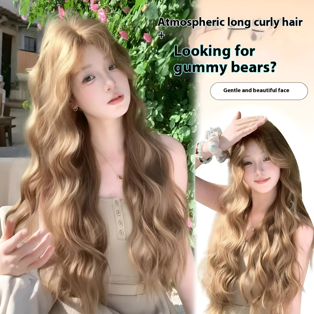 Linen brown medium long curly high temperature fibre wig with hair net on display