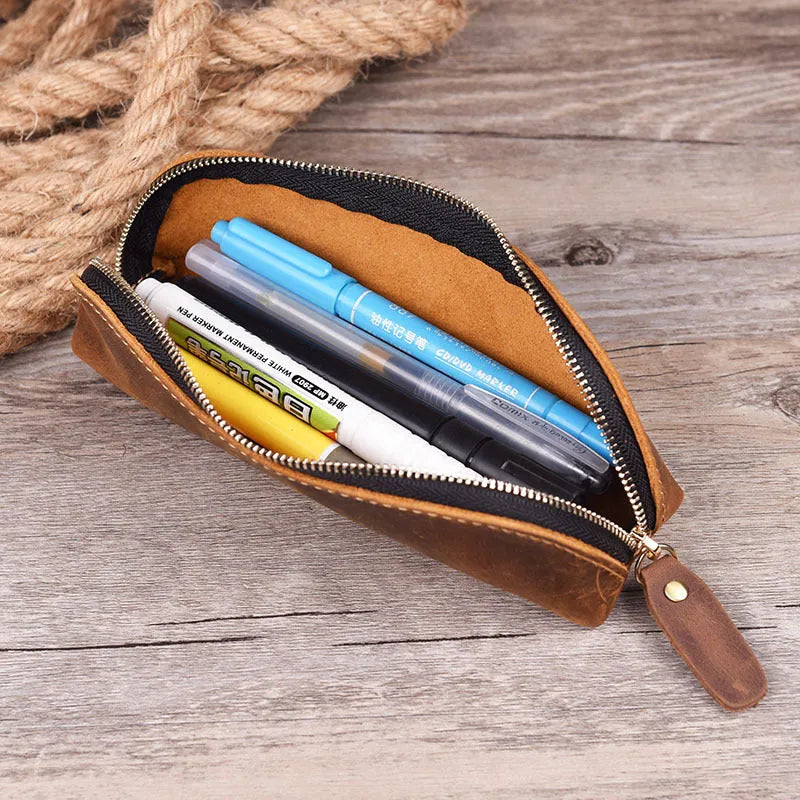 Handmade cowhide leather pencil case with zipper closure showing square 18cm x 6cm x 6cm dimensions