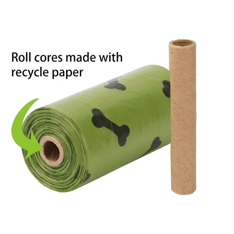 Military green degradable dog poop bags with black bone print, rolled with dispenser