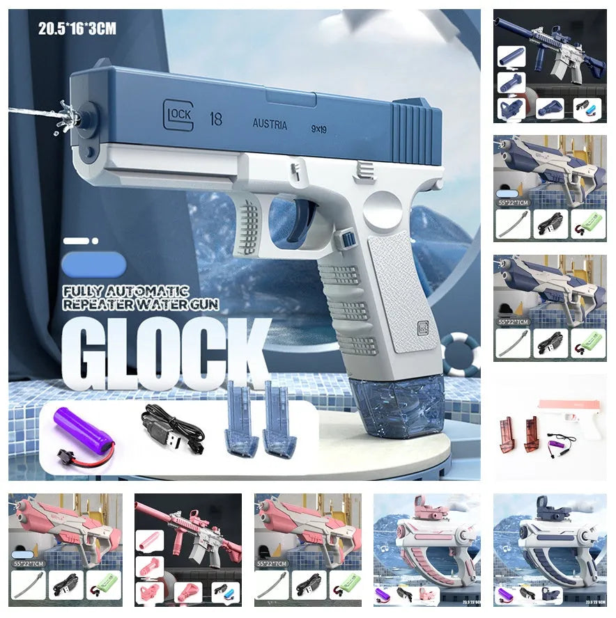 Blue electric water gun toy with USB charging cable and 358ml water capacity for outdoor play