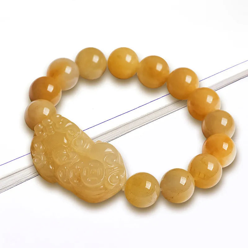 Golden thread Jinsi jade money bracelet with carved beads, shown in large and small size options.