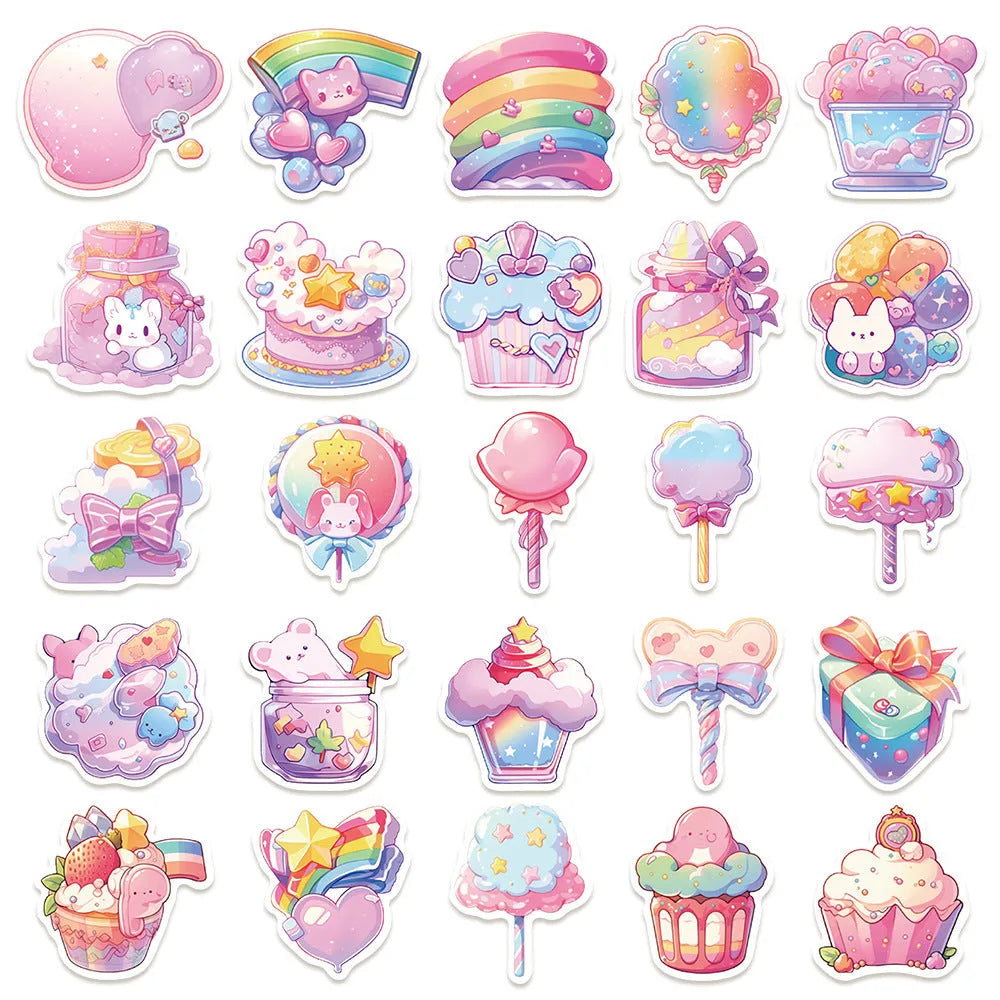 Pack of fresh candy themed cute waterproof decorative stickers, showing varied small object designs between 4 and 7 cm in size.