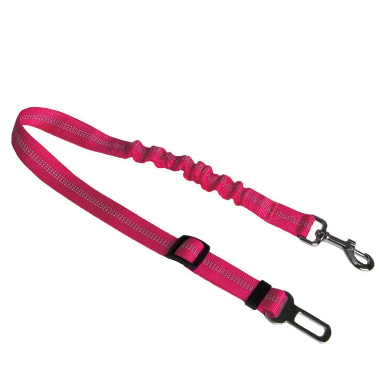 Nylon dog car seat belt towing rope in blue, 84cm extended length, on a white background