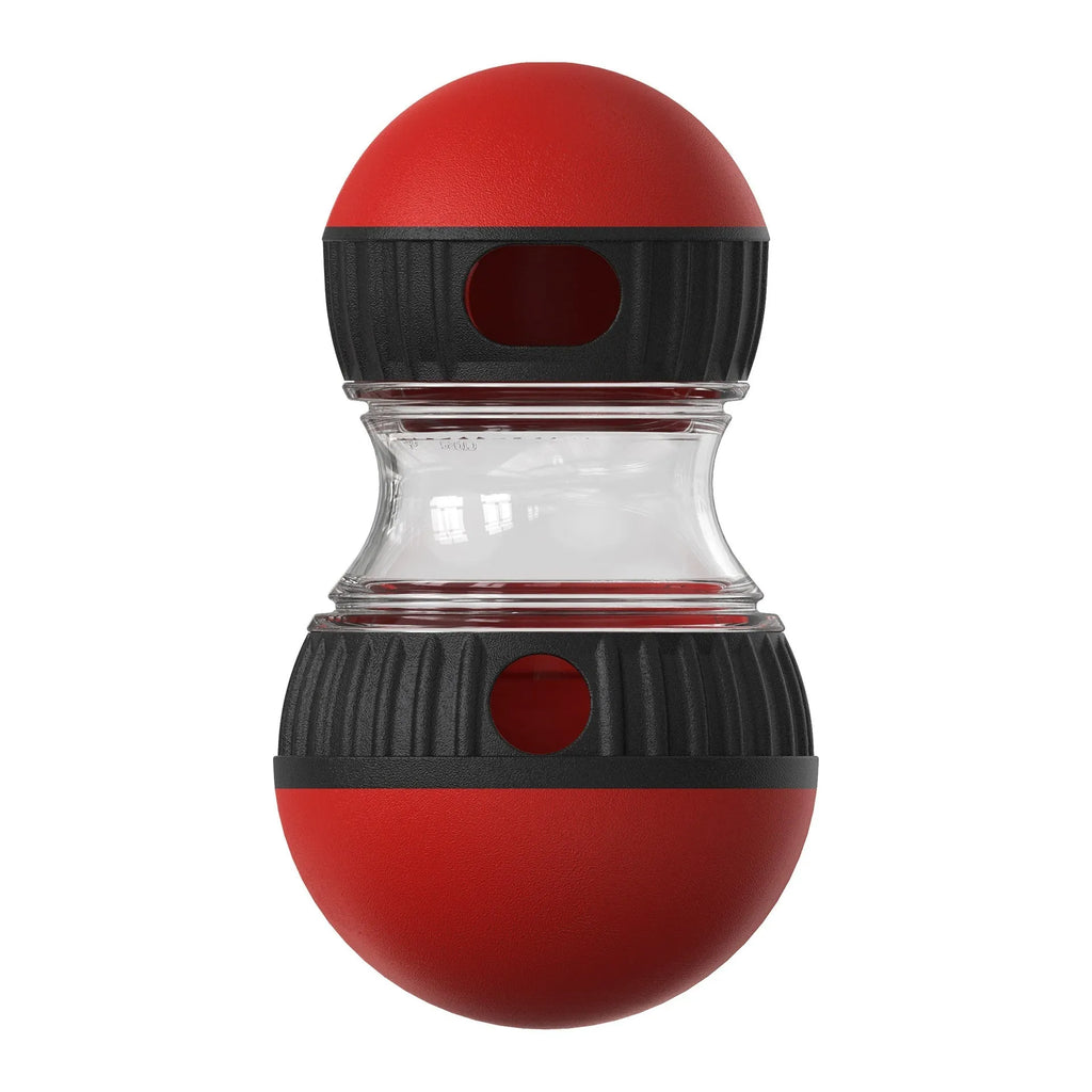 Food dispensing dog toy tumbler in Lake Blue with adjustable leak opening and soft rubber roller for quiet play