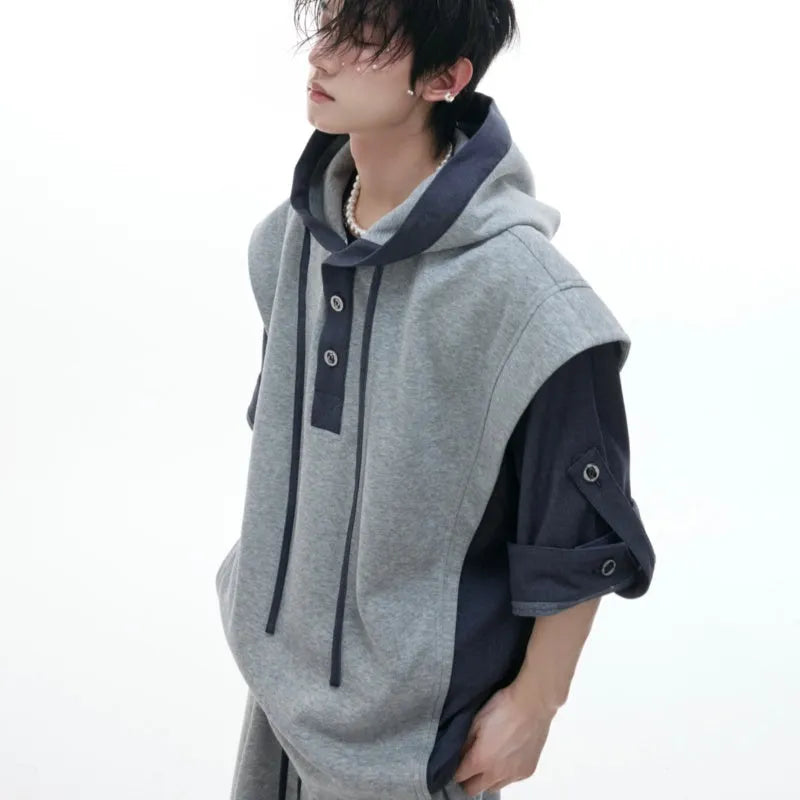 Men's black heavy industry sports leisure suit with hooded three-dimensional stitching short sleeve jacket and matching trousers