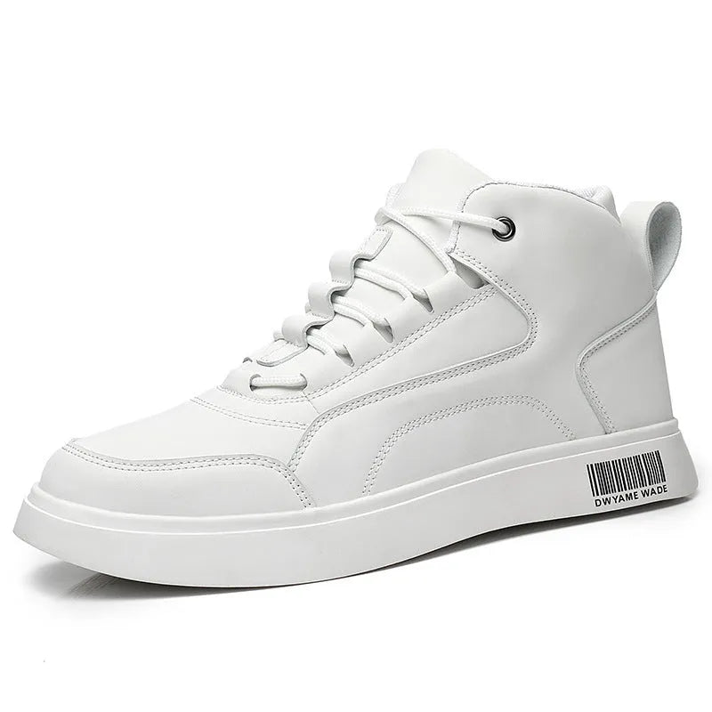 Men's white casual mid-top board shoes with round toe, lace-up front, and low-profile rubber sole.