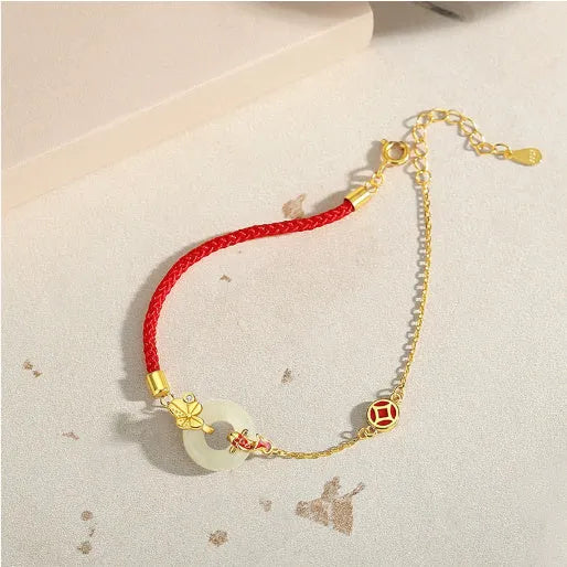 Koi Peace Buckle Hetian Jade Red Rope Bracelet, 925 silver, gold electroplated, retro women's bracelet