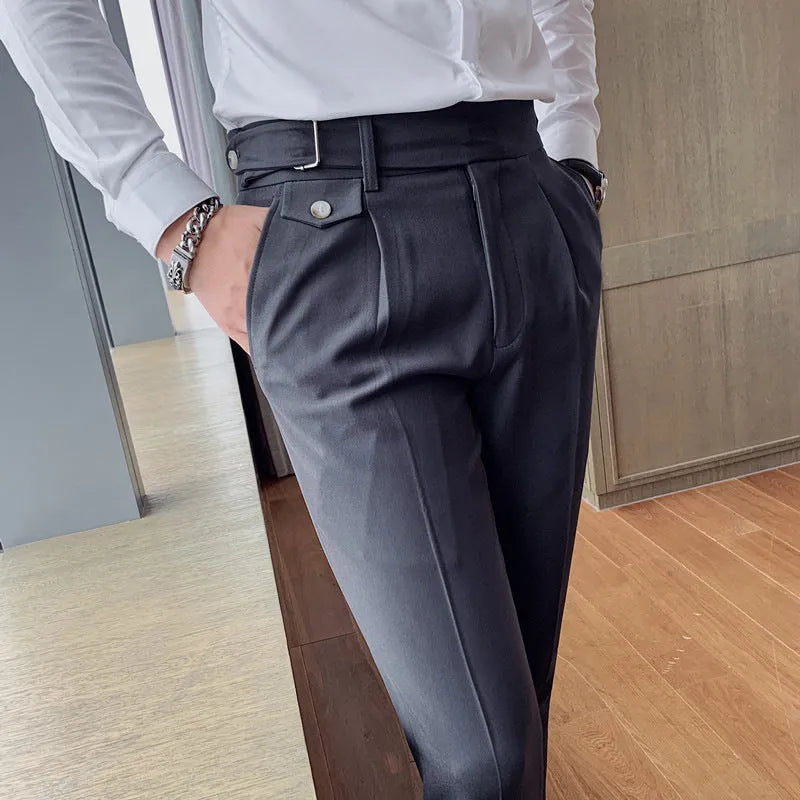 Men's straight leg casual trousers in solid colours on a size chart showing waist measurements 29 to 36.
