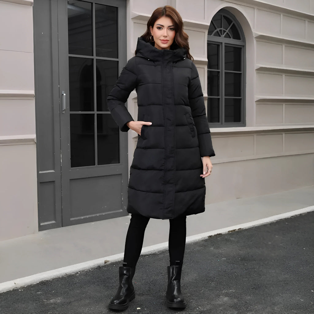 Black slim-fit men's hooded cotton jacket for cold weather, shown on a model.