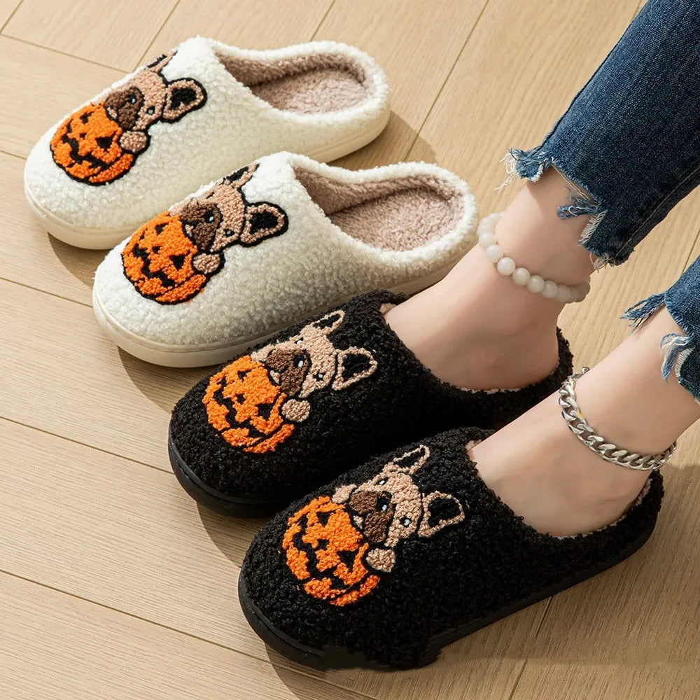 Black and white Halloween pumpkin slippers with soft velvet cotton upper and non-slip rubber soles