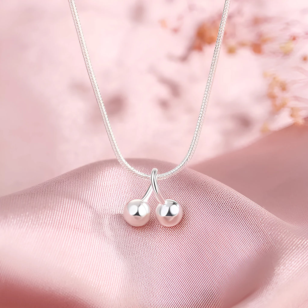 Silver cherry necklace with adjustable snake bone chain, 925 silver pendant, Korean style design