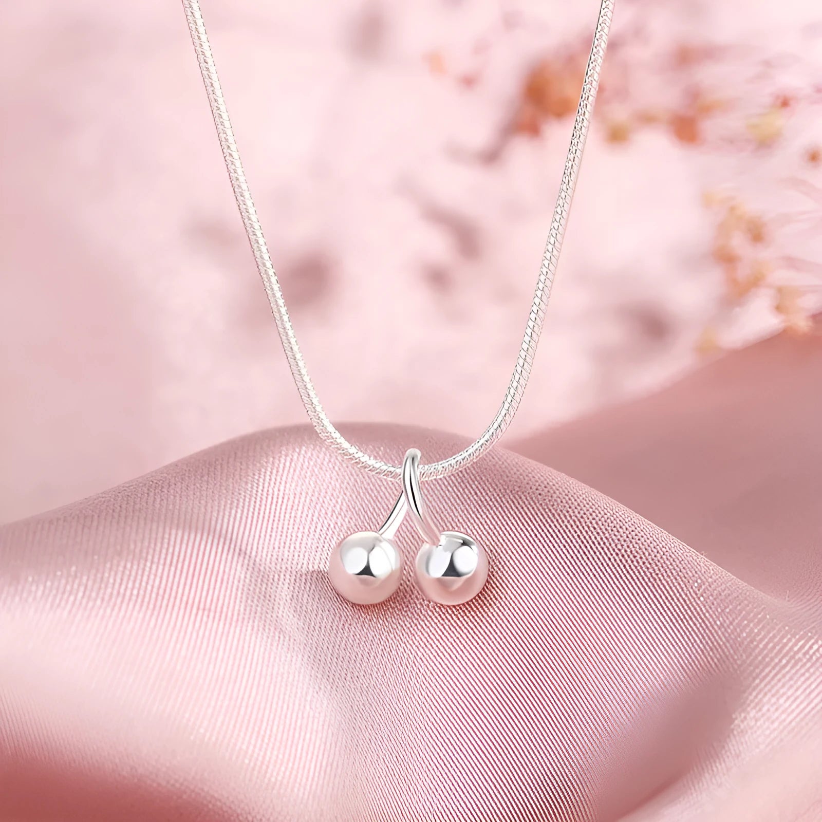 Silver cherry necklace with adjustable snake bone chain, 925 silver pendant, Korean style design