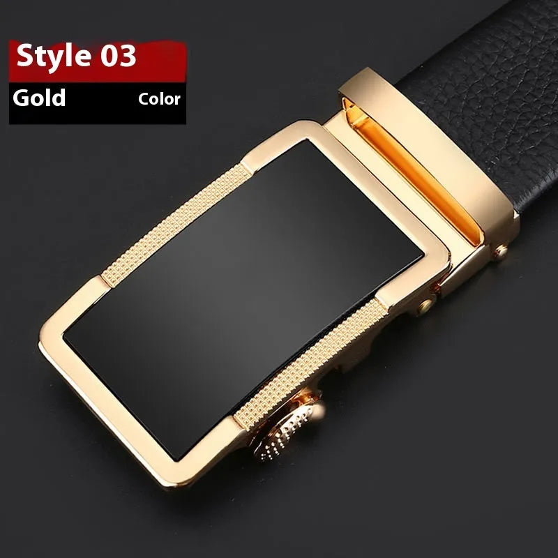 Men's leather automatic buckle belt in gun black, silver, or gold colour on a white background